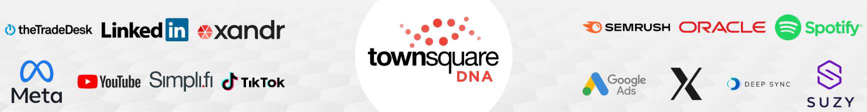 Townsquare DNA marketing platform partners including The Trade Desk, LinkedIn, Xandr, Meta, YouTube, Simpli.fi, TikTok, SEMrush, Oracle, Spotify, Google Ads, X, Deep Sync, and Suzy